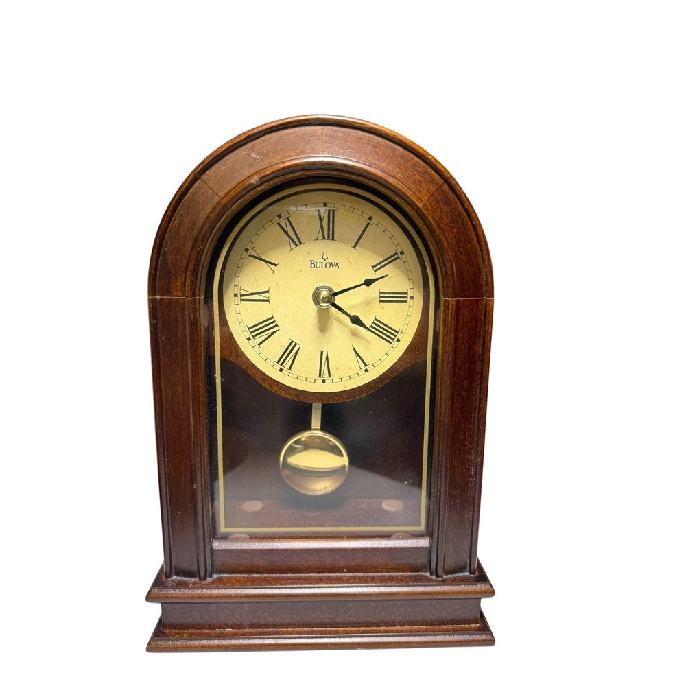 Bulova B7467 Wood Arched Mantel Clock with Pendulum Brown Traditional Desk Clock